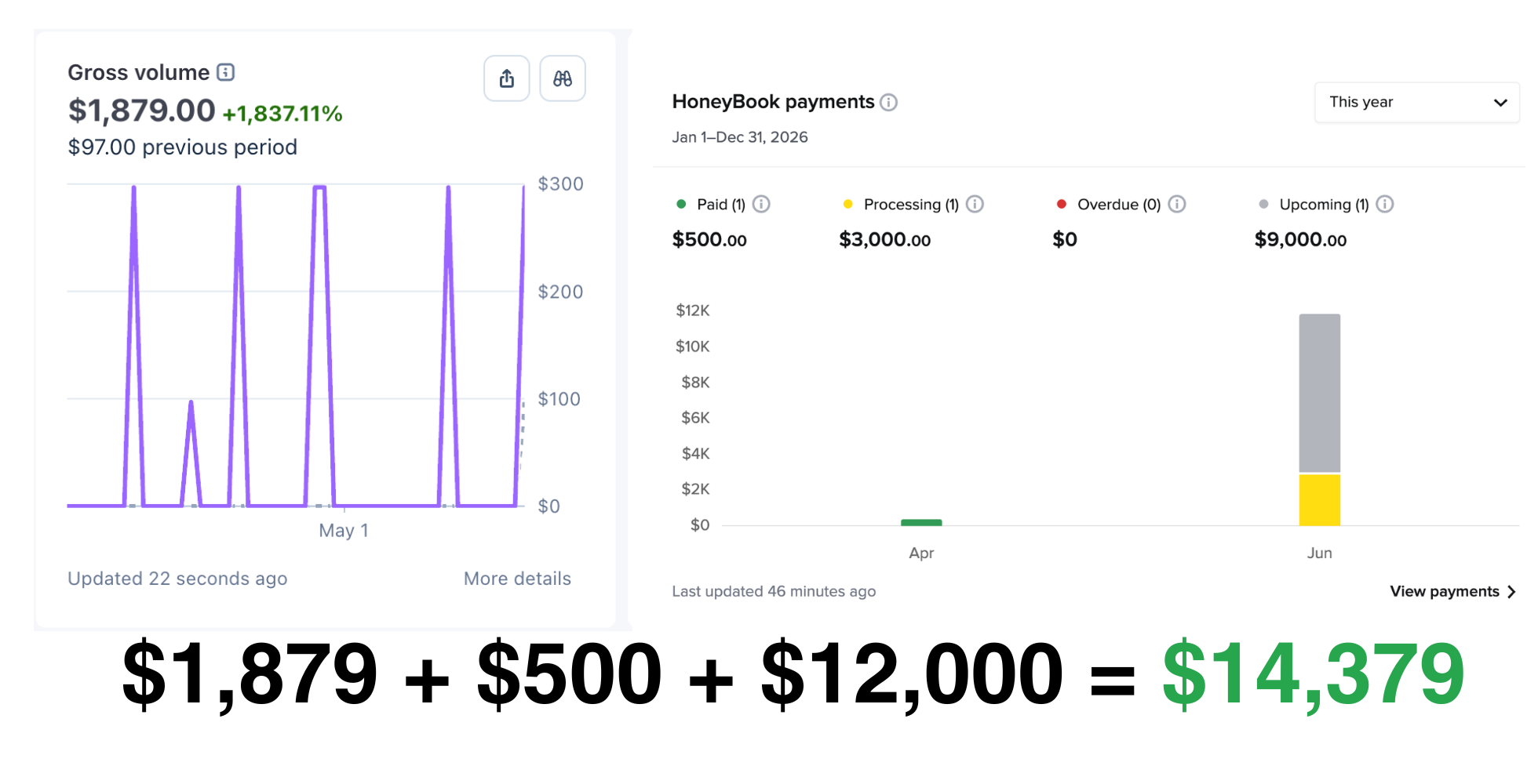 Gross revenue proof — Stripe $1,879 + HoneyBook $500 paid + $12,000 upcoming = $14,379 total